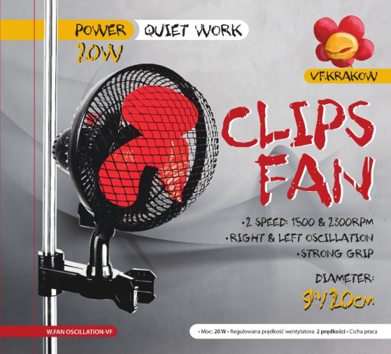 CICHY WENTYLATOR MIESZAJĄCY Z OSCYLACJĄ , KLIPS KOALA, 20W, fi20cm, h21cm, 230V, mieszający, CLIPS FAN, MONKEY FAN